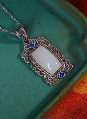 S925银镀18K金镶和田白玉方形珐琅宫廷复古吊坠汉服配饰玉坠项链