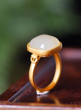 S925银镀18K金镶和田玉白玉方形女宫廷复古戒指戒圈汉服配饰指环