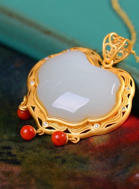 S925银镀18K金镶和田玉如意锁珐琅宫廷复古吊坠汉服配饰玉坠项链