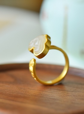 S925银镀18K金镶和田玉白玉如意宫廷复古女戒指戒圈汉服配饰指环