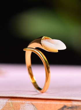 S925银镀18K金镶和田玉白玉玉兰花宫廷复古戒指戒圈汉服配饰指环