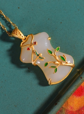 S925银镀18K金镶和田白玉旗袍珐琅宫廷复古吊坠汉服配饰玉坠项链