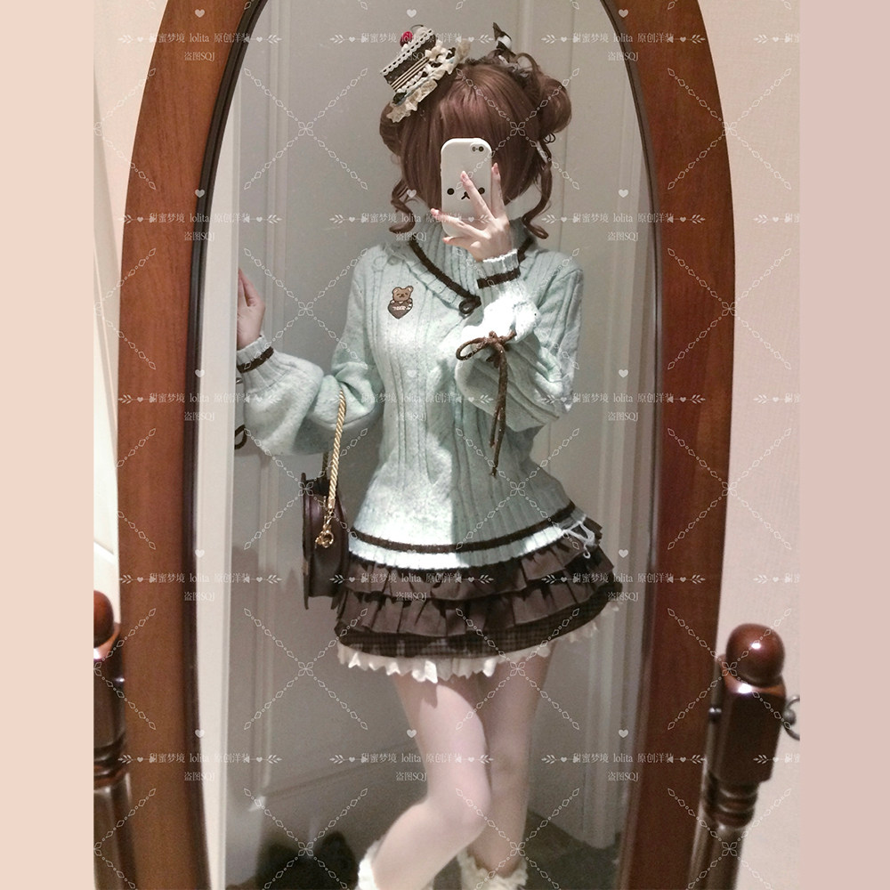 薄巧小熊毛衣套装薄荷巧克力短裙小熊刺绣秋冬甜蜜梦境两件套 - 图2