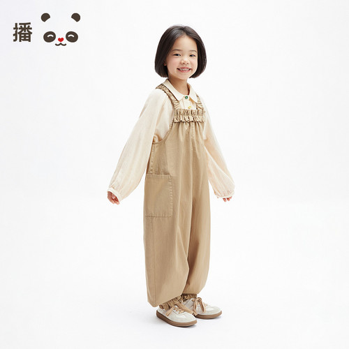 播broadcute童装儿童裤子女童花苞背带裤薄直筒宽松纯棉长裤春夏 - 图1