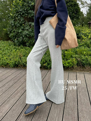 HU冬新款美式高腰显瘦休闲百搭松紧腰抽绳加绒微喇裤女C1229 - 图0