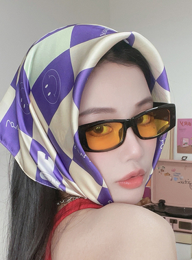 甜美多巴胺格子头巾包头方巾丝巾