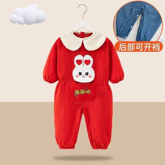 宝宝灯芯绒透气连体衣小孩外穿一体式围裙爬爬衣户外爬行开档罩衣