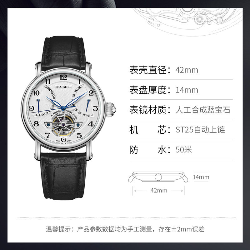 seagull海鸥手表男士飞轮多功能自动机械表皮带男表819.317