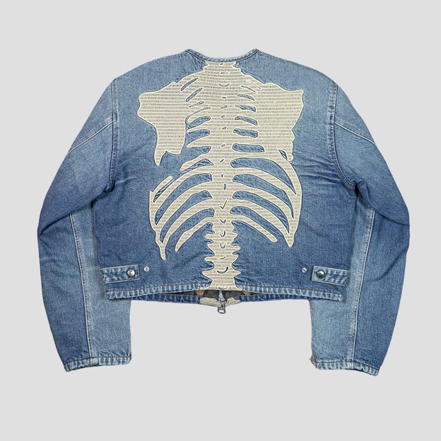 Collarless washed embroidered denim jacket