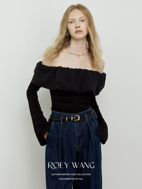 Wavy ruffle-edged long-sleeved T-shirt top