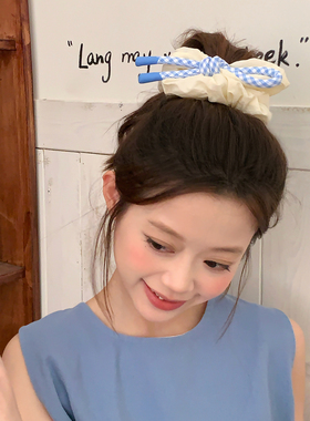 学院少女！粉蓝格打结飘带大肠圈发绳蓬松云朵发圈头绳丸子头皮筋