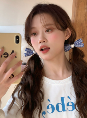 复古蓝白格子蝴蝶结发夹珍珠爱心鸭嘴夹学院少女侧边夹发卡发饰品