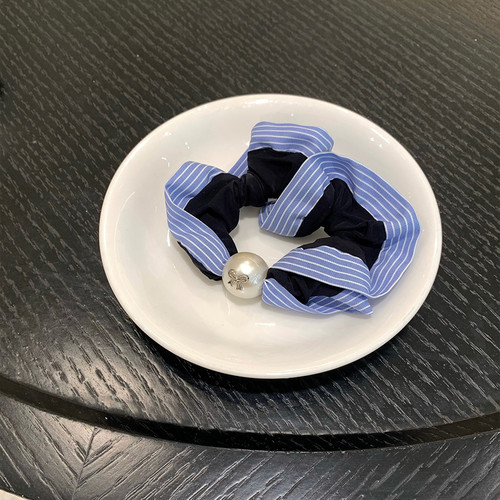 智系女友！蓝条纹花边珍珠小肠圈发绳精致蝴蝶结发圈头绳扎发皮筋 - 图3