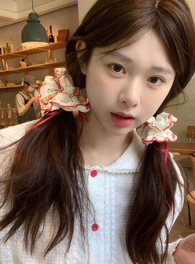 红苹果爱丽丝~蕾丝花边蝴蝶结方巾发圈森系少女肠圈发绳手作发饰