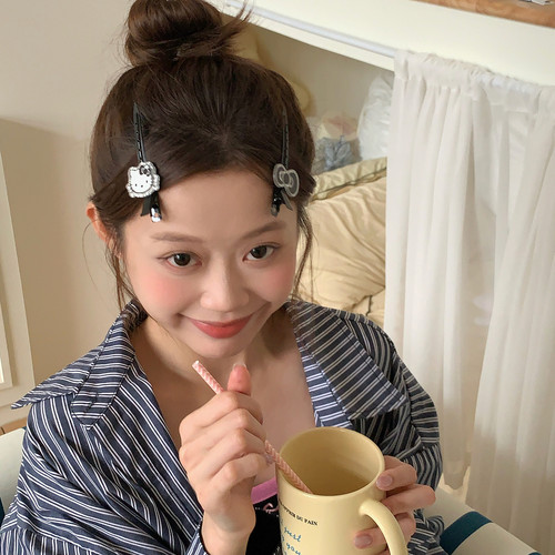 1对装 细闪黑银猫咪化妆夹蝴蝶结发卡一字定位夹蓬松发根刘海夹子 - 图1