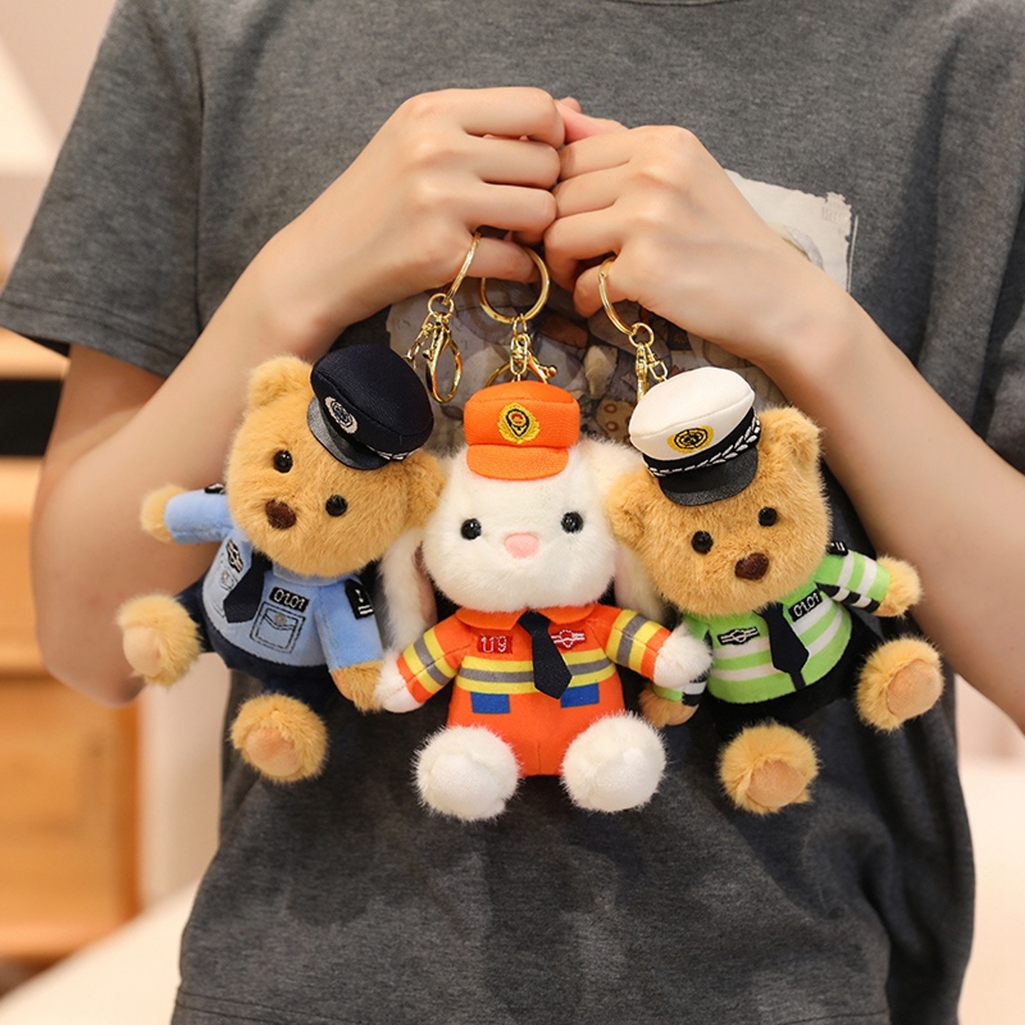 女生书包兔子挂件警官警察玩偶毛绒玩具迷你娃娃小熊公仔挂饰礼物 - 图1
