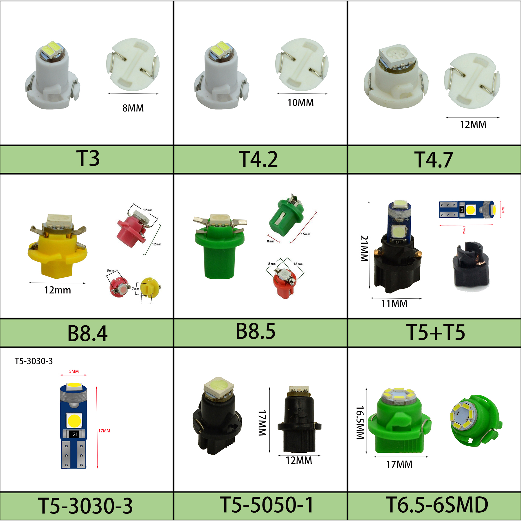 汽车各型号LED仪表灯 T3 T4.2 T4.7 T5 T6.5 T10 七种颜色包邮价