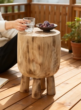 侘寂风木质圆形边几纯手工客厅