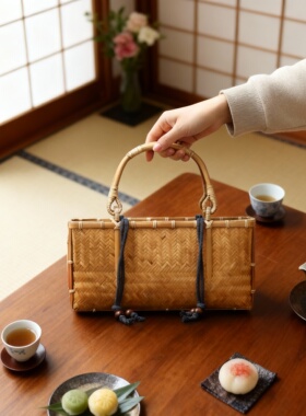 新中式竹藤手提包桌面摆件