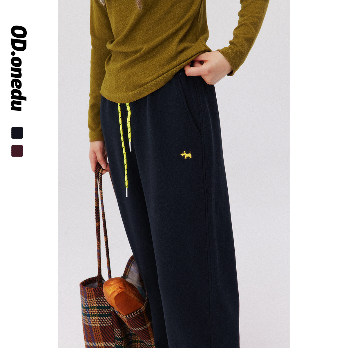 ODonedu宽松直筒裤子女2025秋冬高腰加绒刺绣休闲藏青色运动卫裤,淘宝优惠券,粉丝福利购,淘宝优惠卷