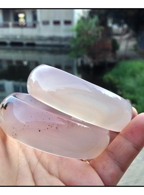 巴西纯天然灰紫色带有水草玛瑙手镯*加宽加厚*姐妹对*128