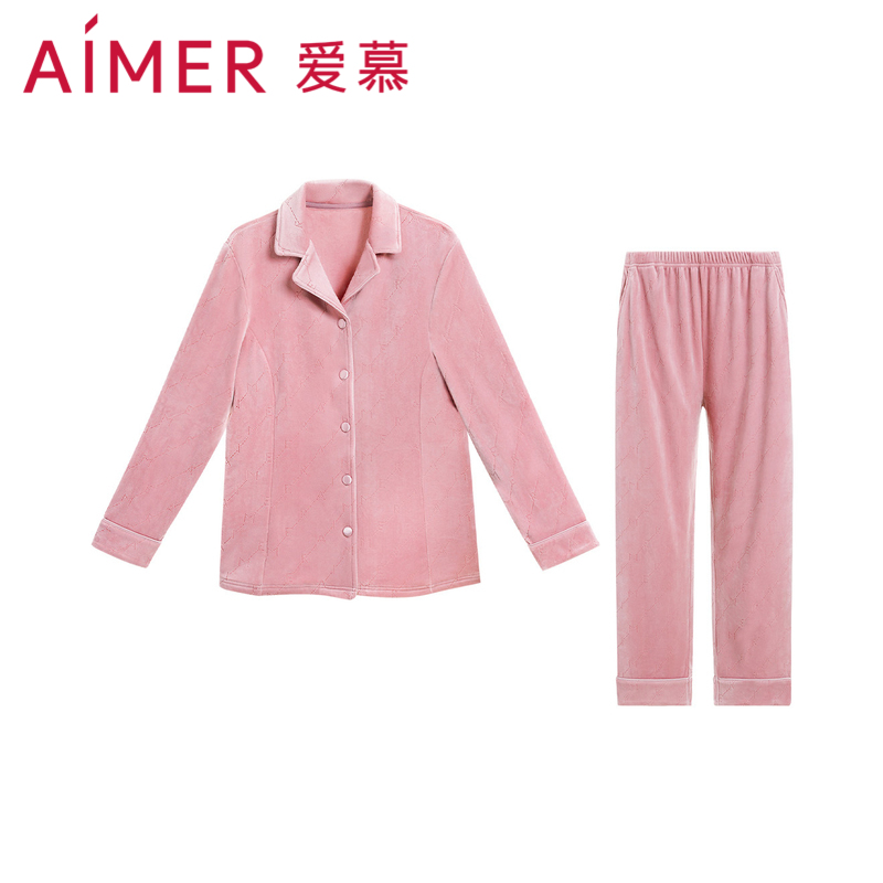 爱慕正品睡衣女秋冬绒华翻领开衫可外穿长袖家居服套装AM468901 - 图0