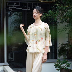 爱慕皇锦含真丝睡衣女春夏雪纺七分袖中式套头分身-海错图HJ21531