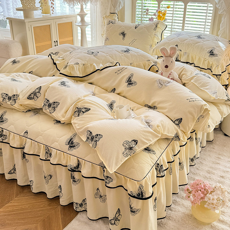 新款夹棉床裙四件套公主风床罩遮丑下摆加厚床笠床单被套四季通用