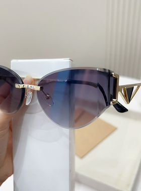 无边框猫眼黑色墨镜女防紫外线大脸显瘦高级感太阳镜沙滩游玩街拍