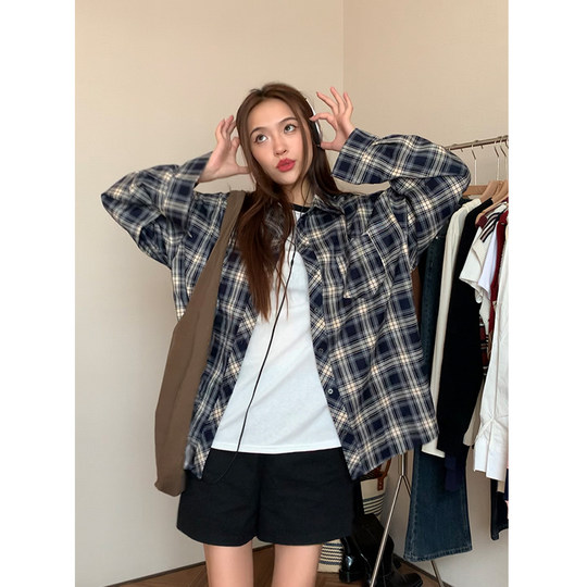 Loose Korean long-sleeved plaid jacket