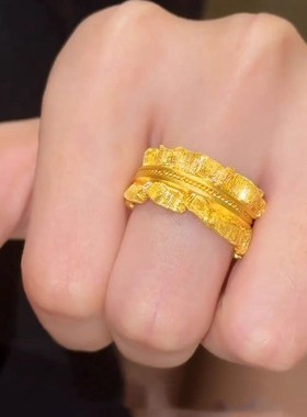 格调小红书爆款精美拉丝宽面纹理金戒指女复古高级感食女款指戒