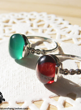 纯银石榴石绿玛瑙复古戒指