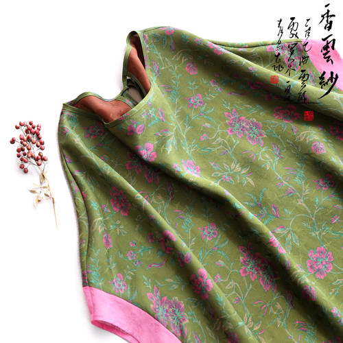 云澍原创花罗香云纱新中式大码真丝桑蚕丝国风印花连衣裙长款袍子 - 图1