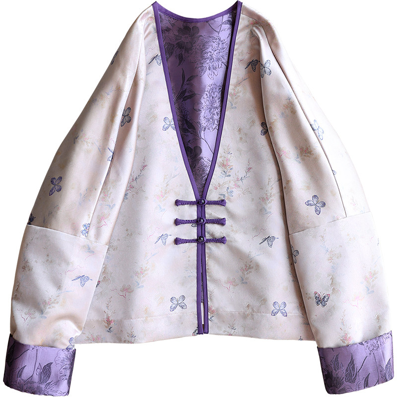 云澍原创 织锦缎新中式复古国风一字盘扣V领两面穿外套上衣女秋冬,淘宝优惠券,粉丝福利购,淘宝优惠卷