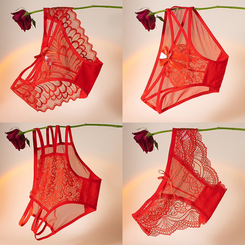 2/4条性感红色蕾丝内裤女低腰透明无痕镂空本命年大码棉档三角裤,淘宝优惠券,粉丝福利购,淘宝优惠卷