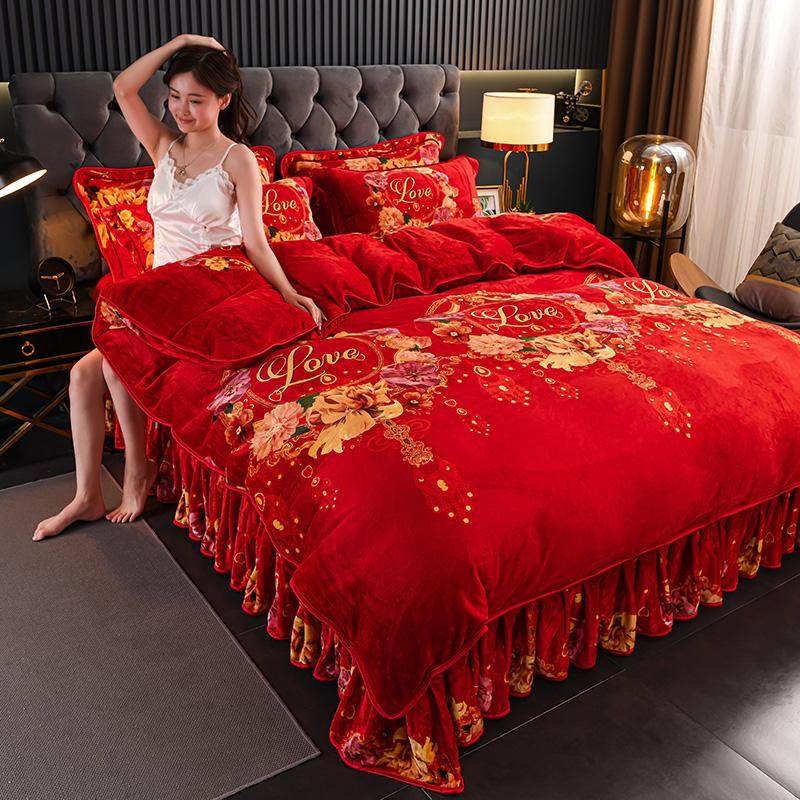 冬季红色牛奶绒四件套珊瑚绒被套床单加绒加厚双面绒法兰绒防静电,淘宝优惠券,粉丝福利购,淘宝优惠卷