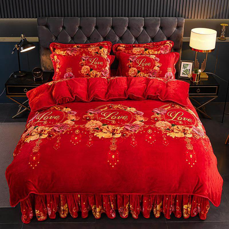 冬季红色牛奶绒四件套珊瑚绒被套床单加绒加厚双面绒法兰绒防静电,淘宝优惠券,粉丝福利购,淘宝优惠卷