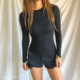 Small round neck European and American long-sleeved threaded tight solid color basic threaded tee
