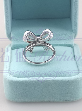 蝴蝶结梯方钻戒指S925纯银镀金指环女白金色20分小众设计饰品原创