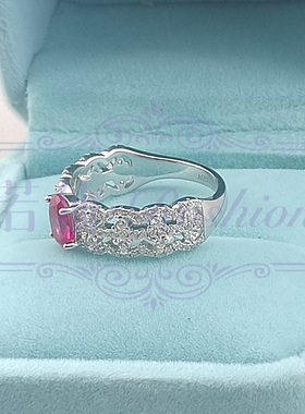 蛋形红宝石蕾丝戒指925纯银镀金指环女白金色1克拉饰品小众设计师