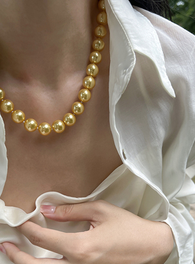 浓郁茶金色珍珠法式打结项链