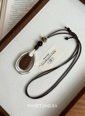 方糖家复古木质几何吊坠毛衣链