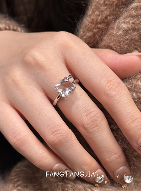 方糖家天然白水晶纯银猫猫戒指