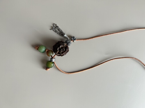 售罄 孤品清库存 牛皮绳沉香玫瑰老银天然石自由排列长项链