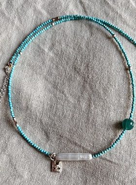 清爽天然公主蓝松石串珠巴洛克长珍珠银扣头锁骨项链韩版简约设计