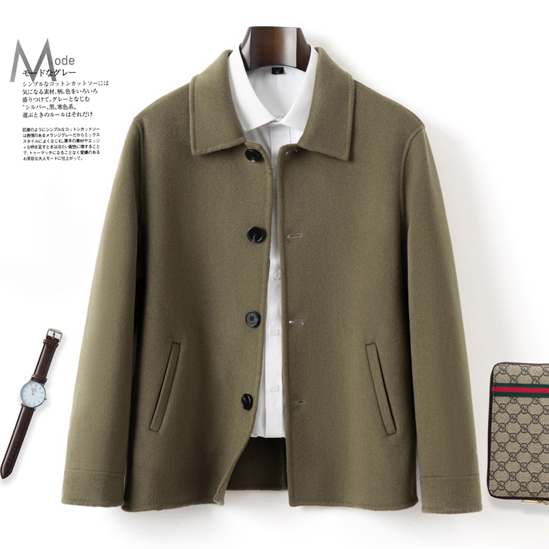 秋冬新款双面翻领行政夹克大衣男短款100%羊毛呢子休闲外套净色 - 图2