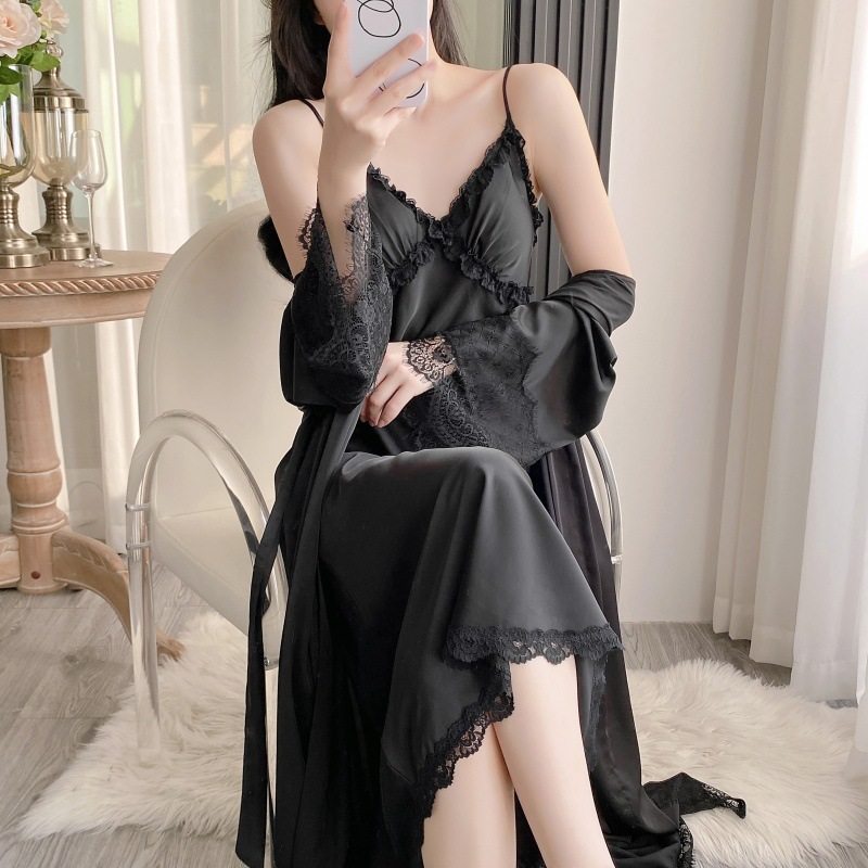 2025新款冰丝纯色花边女夏季性感吊带睡裙家居服睡袍两件套带胸垫,淘宝优惠券,粉丝福利购,淘宝优惠卷