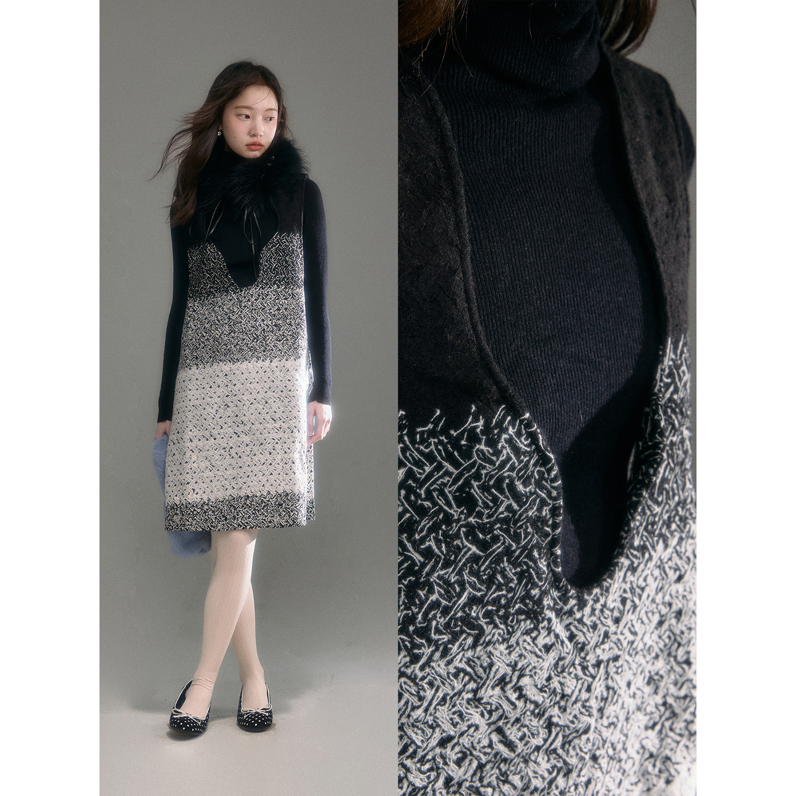 有耳uare原创设计 冷静万人迷 层次叠穿渐变毛呢背带连衣裙