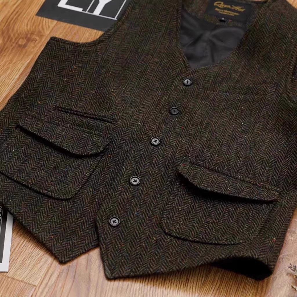 英伦复古阿美咔叽粗花呢人字纹无领修身重磅羊毛工装大码男马甲,淘宝优惠券,粉丝福利购,淘宝优惠卷