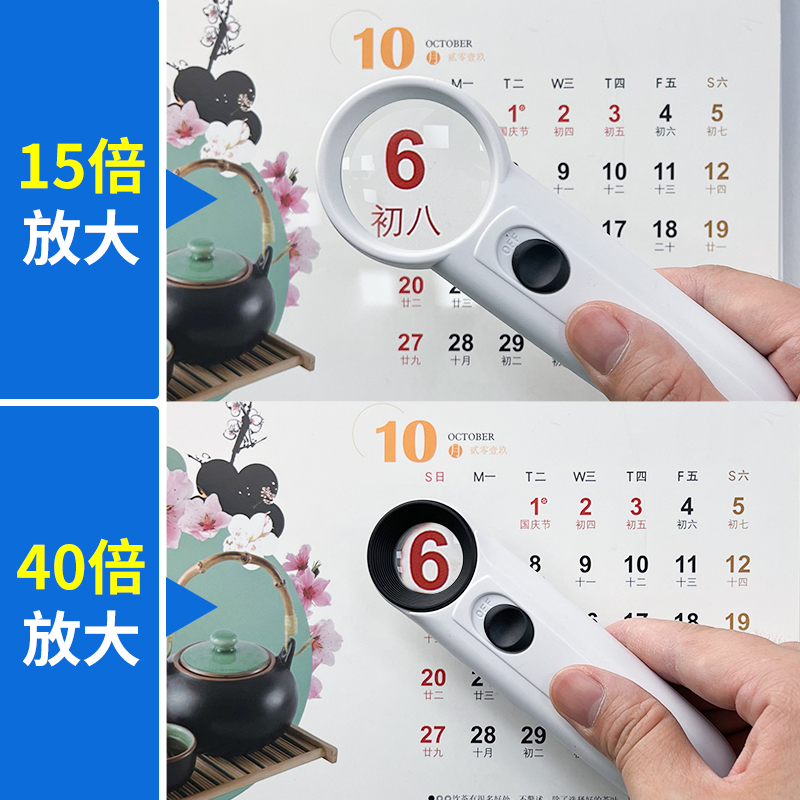 高清放大镜4倍5倍15倍40倍带灯LED 阅读手持式珠宝古董鉴定专用 - 图1